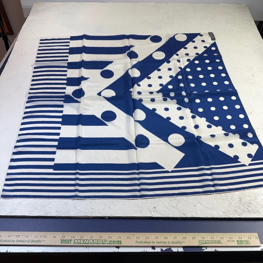 Vintage Casca for Magid Silk Scarf Blue White Geometric Polka Dot 34in